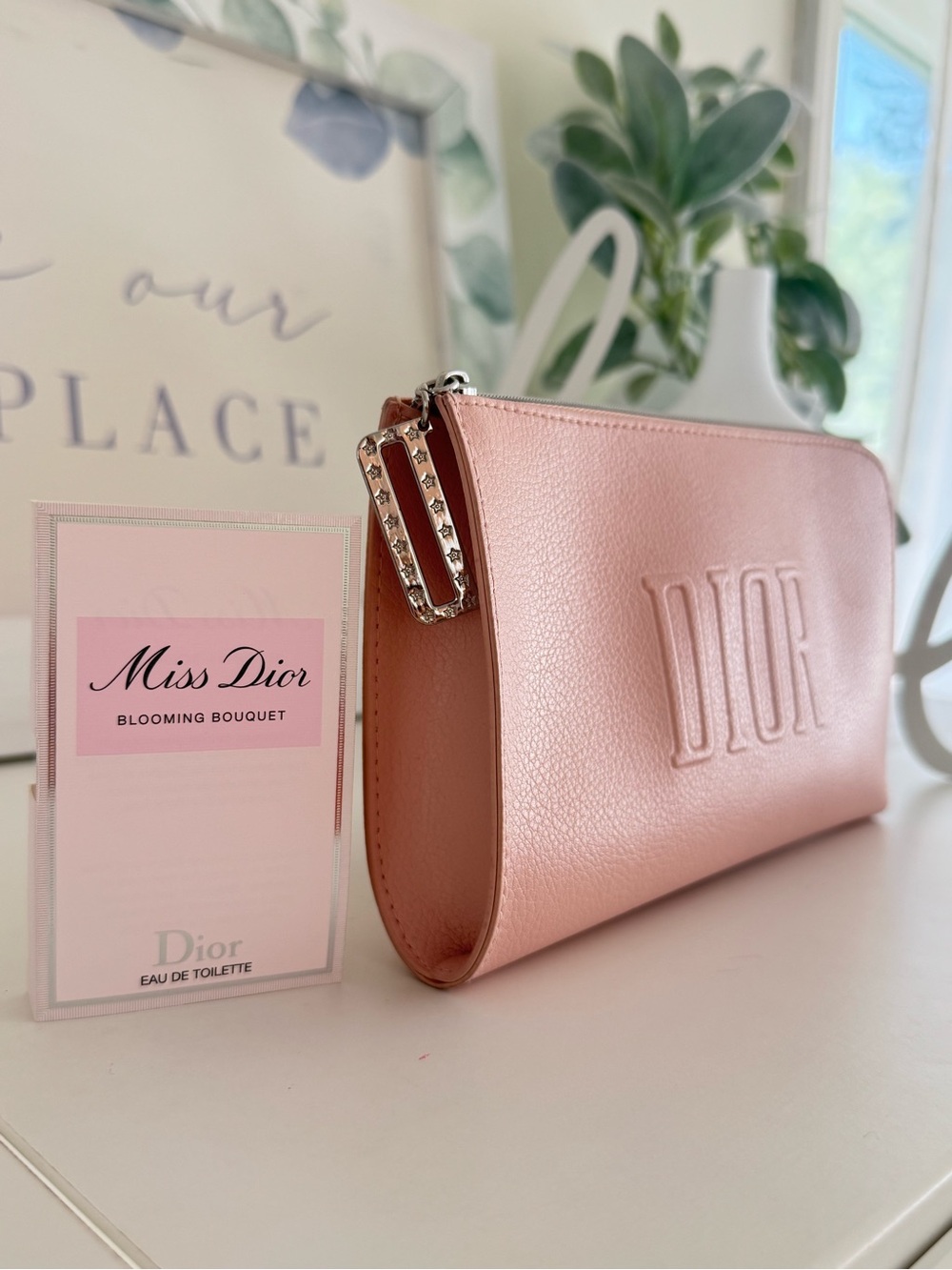 Dior Pink Embossed Leather Cosmetic Pouch with Free Miss Dior 0.03FL.OZ 🎀
